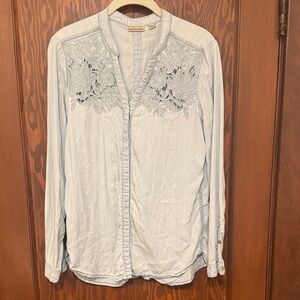 HOLDING HORSES Light Blue Button Down Shirt with Embroidery